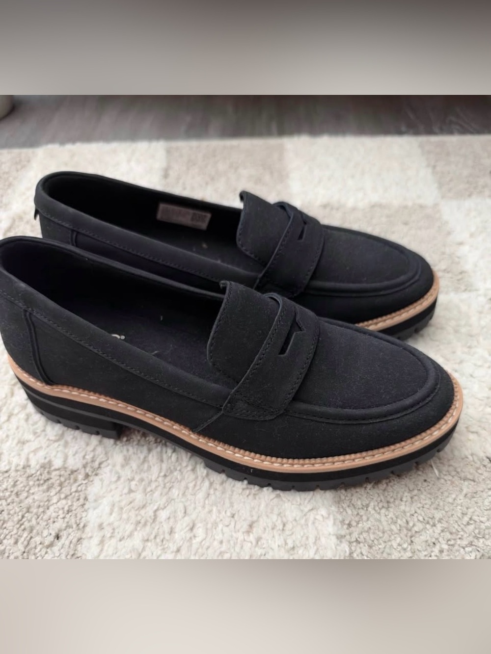 Toms Black Suede Lug-Sole Penny Loafers with Brown Welt Trim